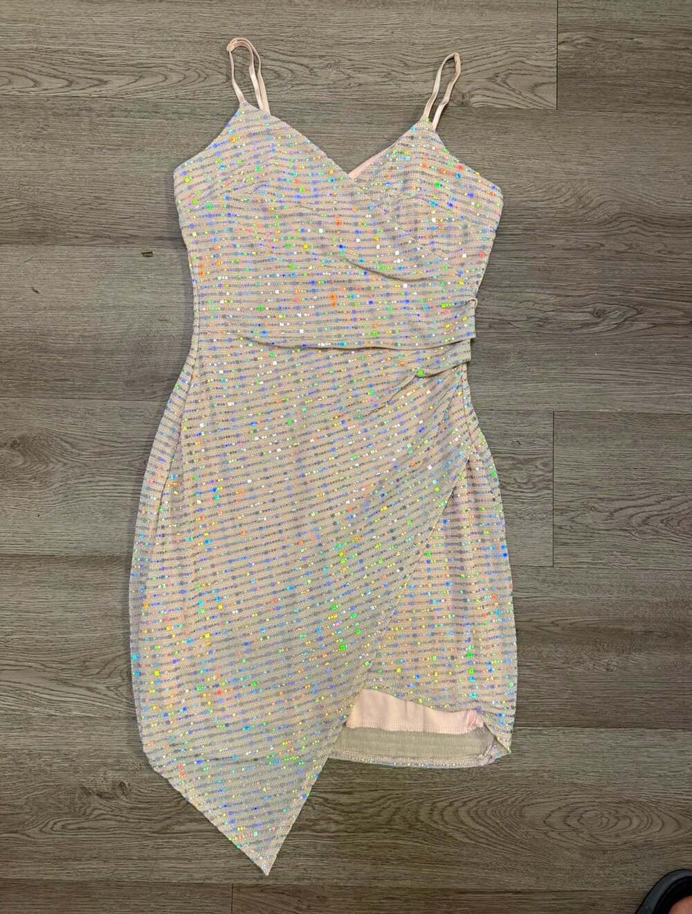 Honey and Rosie Sequin Mesh V-Neck Strappy Midi Bodycon Dress L Beige Multi